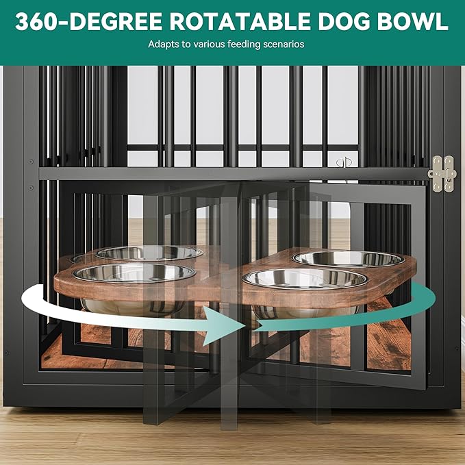 88.6" Large Dog Crate Furniture, Wooden Dog Kennel with Bowls & 3 Doors, Double Crate Furniture TV Stand for Medium Large Dogs, Brown