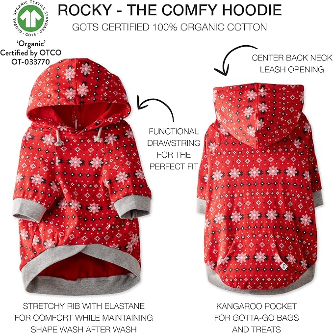 Rocky – The Orginal Lightweight Hooded TEE 100% Organic Cotton Dog Hoodie Pet Coat Sweater for Small, Medium, Large Dogs, Red Fair Isle, X-Large
