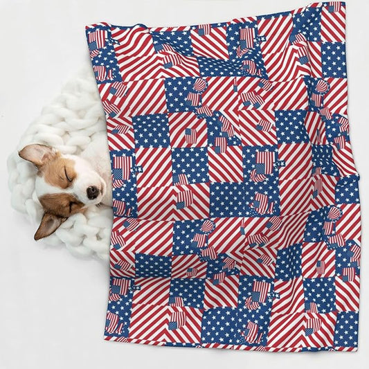 Reversible Pet Blanket for Easy Cleaning Maintenance, American Flag Plaid Pattern, Double Sided Plush Dot Design Means Double Use Between Washes for Convenience