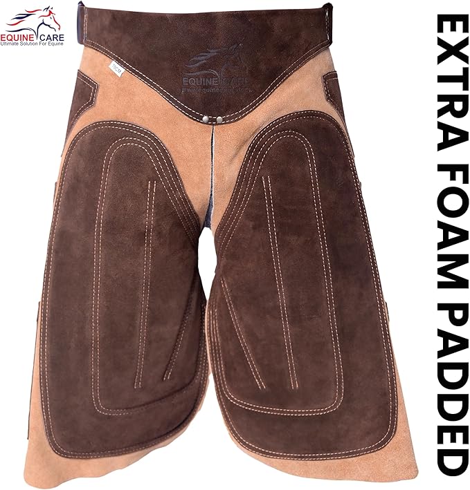 Equine Care Farrier Apron Chaps – Cowhide Suede Leather, Foam Padded Thigh and Back Support, Adjustable Waist, Tool Pockets, Magnetic Nail Holders (23 inches (59 cm))