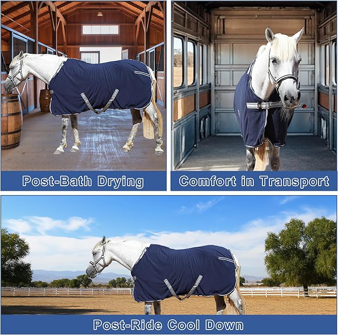 Horse Fleece Cooler, Blanket Liner - 300g Anti-Pilling Fleece, Moisture-Wicking, Cooling & Drying for Post-Workout, Bath & Travel, Prevent Overheating & Chilling Navy 72