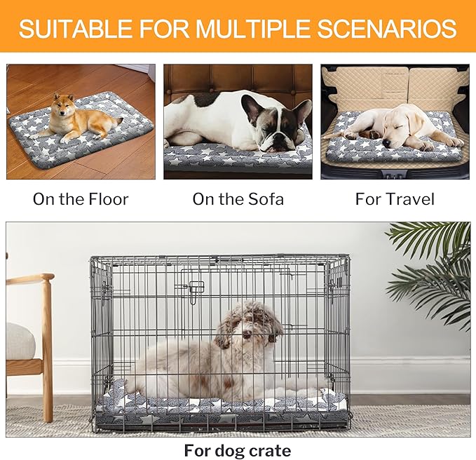 Washable Dog Bed Plush Orthopedic Outdoor Crate Mat with Non-Slip Bottom,Luxe Soft Kennel Pad for Pets, Cozy Cage Cushion & Pet Sleeping Mattress Large Sized,Medium,Small Dogs,36 x 24 inch,Grey