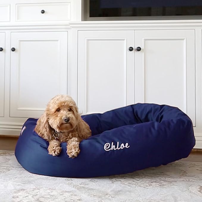 Majestic Pet Personalized 24 Inch Bagel Calming Dog Bed Washable – Cozy Soft Round Dog Bed with Spine Support for Dogs to Rest Their Head - Fluffy Donut Dog Bed 24x19x7 (Inch) - Small – Blue