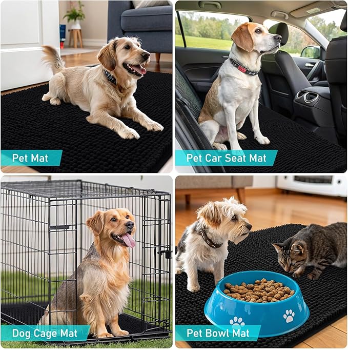 OLANLY Dog Door Mat Set 2-Piece 24x16, Absorbs Moisture and Dirt, Absorbent Non-Slip Washable Doormat, Quick Dry Chenille Mud Mat for Dogs, Entry Indoor Entryway Carpet for Inside Floor, Black