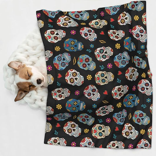 Reversible Plush Throw for Dogs and Cats, Day of The Dead Sugar Skull, Double Sided Blanket with Nubby Dot Side and Sleek Side Ideal for Cuddling Nesting Security