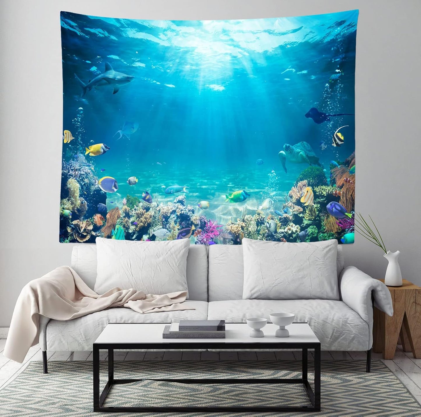 Loccor Underwater World Tapestry Blue Ocean Wall Hanging Under the Sea Coral Reef Wall Tapestry 179x118 Inches Tropical Fish Tank Undersea Tapestries Marine Wall Art for Bedroom Living Room Dorm Decor