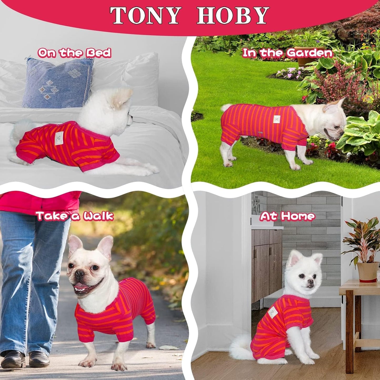 TONY HOBY Dog Pajamas, Female/Male Dog 4 Legged Pajamas, Soft Cotton Dogs Jumpsuit with Stripes (Rose Red&Orange, Girl, XS)