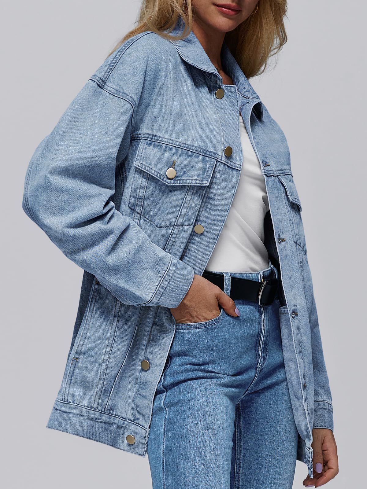 AUTOMET Women's Button Down Oversized Jeans Jacket with Pockets