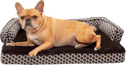 Furhaven Memory Foam Dog Bed for Medium/Small Dogs w/ Removable Bolsters & Washable Cover, For Dogs Up to 35 lbs - Plush & Woven Decor Comfy Couch Sofa - Diamond Brown, Medium