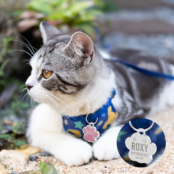 EDSG Cat Dog Tags Personalized for Pets, Dog Name Tags Cat Name ID Tag, Engraved Dog Tags Dog ID Tags Small Glitter Bling ID Tag Paw Print for Cat Pet Dog Puppy(Red,Design 4)