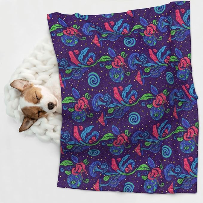 Pet Blanket for Travel and Home, Colorful Doodle Surreal Landscape Fantastic Mushroom, Reversible Plush Dot Design with Soft Grip Texture on One Side Perfect for Car Seats Moving Vehicles
