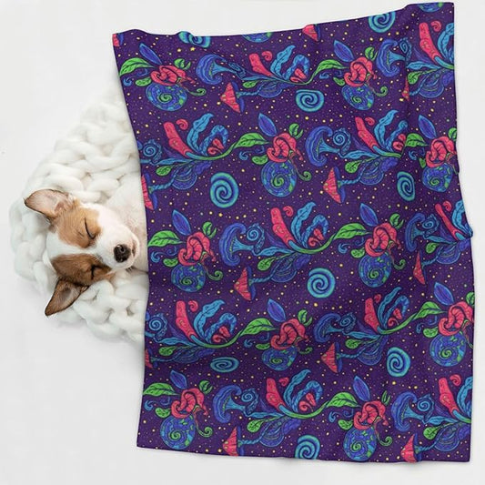 Two Sided Pet Cuddler Blanket for Anxiety Calming, Colorful Doodle Surreal Landscape Fantastic Mushroom, Reversible Plush Design with Bubble Dot Pattern Provides Familiar Surface Anywhere