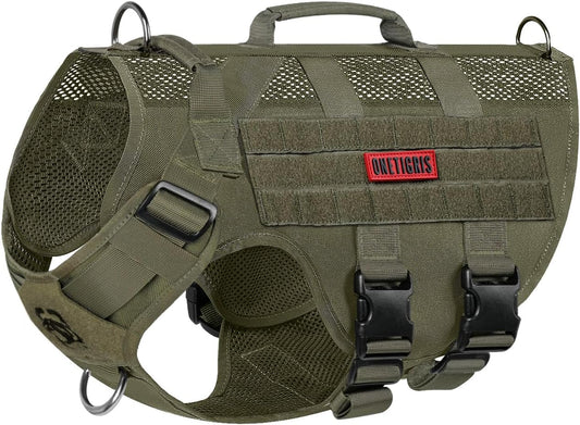 OneTigris No Pull Tactical Dog Harness for Large Dogs, Aire Mesh Harness Breathable Military Dog Molle Vests with Handles, Service Dog Vest Harness for Walking Hiking Training Green
