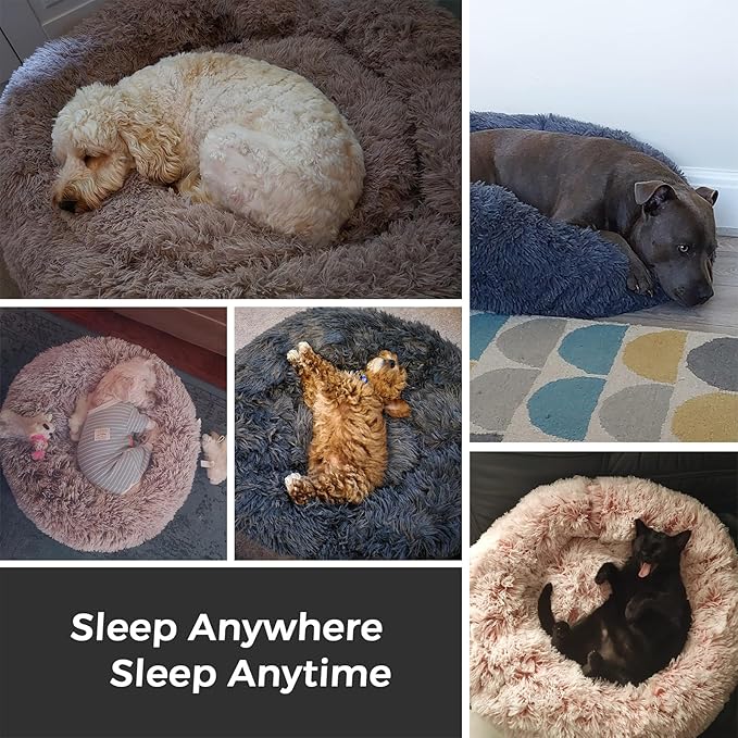 Calming Dog Bed & Cat Bed for Indoor Cats, Medium Size Washable Anti-Slip Anti-Anxiety Donut Dog Beds for Small Dogs & Cats, Fluffy Plush Cozy Round Dogs Beds(20 Inch, Black)