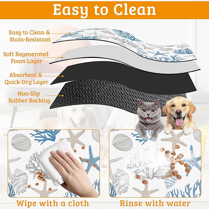 Seashell Beach Feeding Mat,Coral Starfish Absorbent Quick-Dry Cat Dog Food and Water Bowl Mats,Non-Slip Rubber Backing Mat,Cat Dog Accessories Supplies 12" x 20"