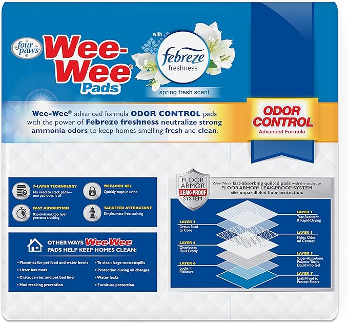 Four Paws Wee-Wee Odor Control with Febreze Freshness Pee Pads for Dogs & Puppies, Leak-Proof Dog Housebreaking Potty Training Floor Protection, Spring Fresh Scent, 22" x 23", 50 Count