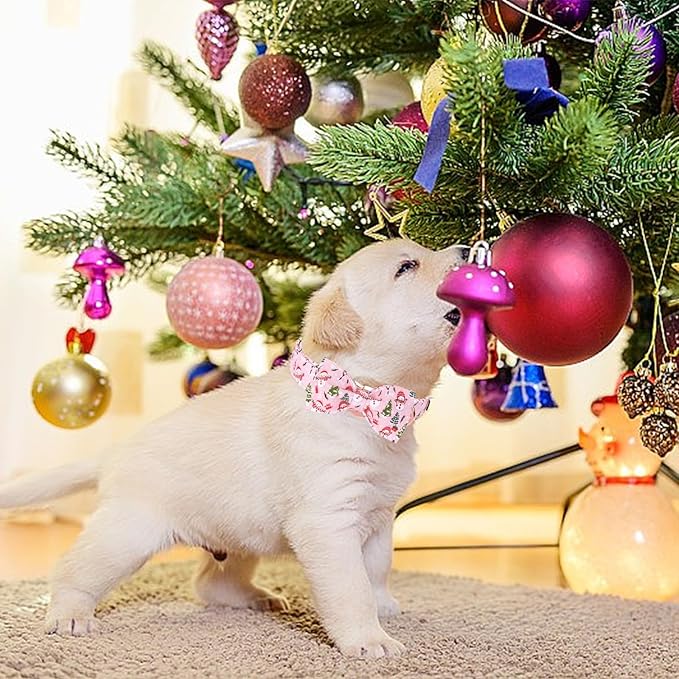 Christmas Dog Collar, Christmas Tree and Snowman Print Cute Winter Holiday Collars Cotton Adjustable Comfortable Pink Dog Collar with Bow,Stylish Collars for Medium Girl Dogs