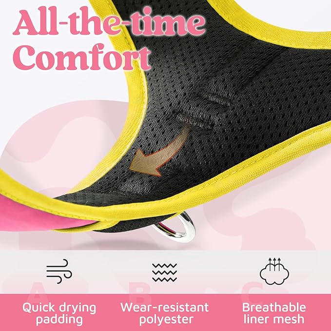 rabbitgoo Dog Harness Small Sized, No Pull Dog Vest with 3 Buckles, Adjustable Soft Padded Pet Harness with Easy Control Handle and Reflective Strips, Pink & Yellow, S