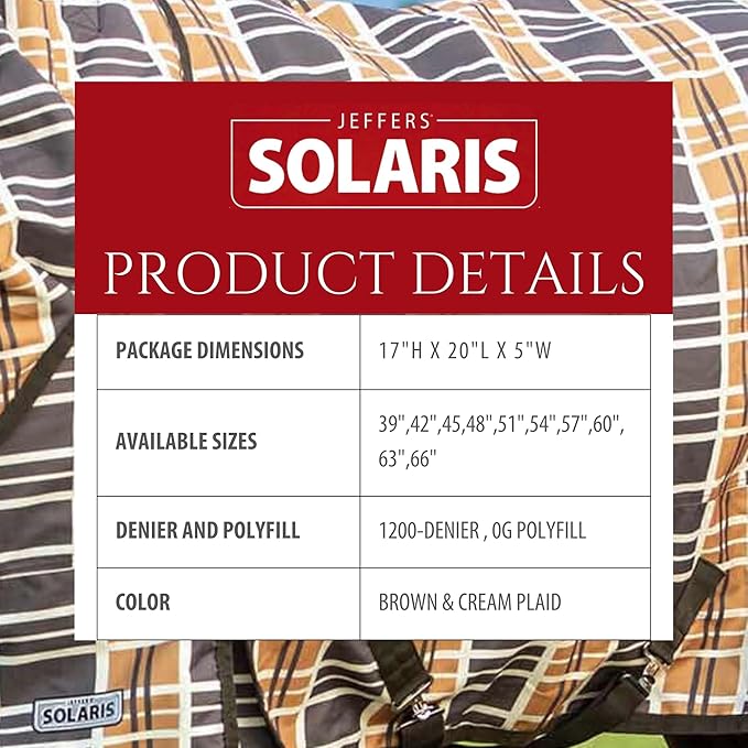 Jeffers Pony Poppins Solaris 1200 Denier Turnout Blanket Brown & Cream Plaid 54" - Waterproof, Breathable Horse Blanket with 0 gram Polyfill, No Insulation, Ideal Protection for Wind & Rain,