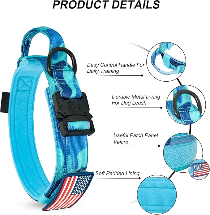 Hotsky Tactical Dog Collar and Leash Set, Heavy Duty Military Airtag Dog Collar with Handle and Metal Buckle for Training and Walking, with Airtag Holder and Two Patches (Blue Camo, XL)