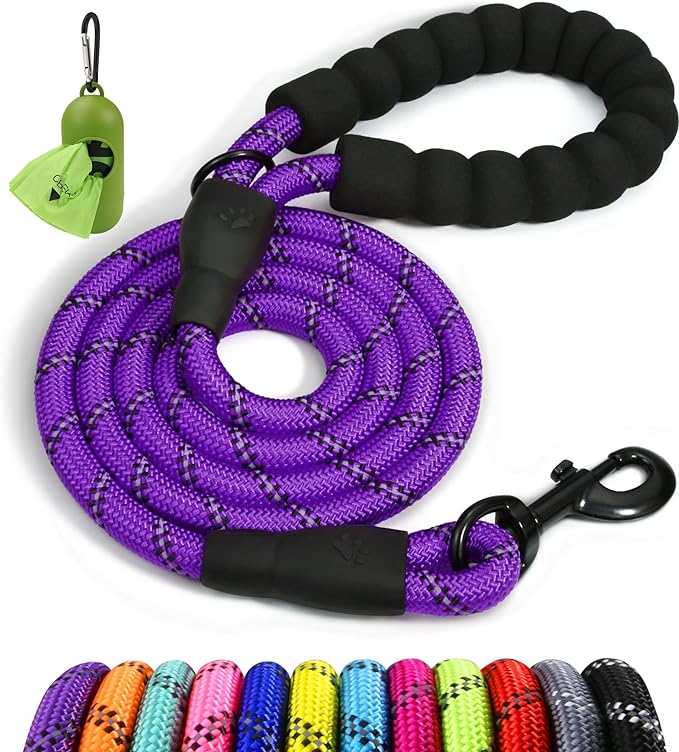 Taglory Rope Dog Leash 6 FT with Comfortable Padded Handle, Highly Reflective Threads Leash and Anti-Tangle Clip for Walking Medium Large Dogs, 1/2 inch, Purple
