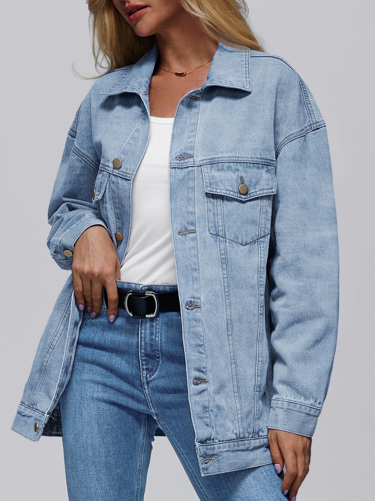AUTOMET Women's Button Down Oversized Jeans Jacket with Pockets
