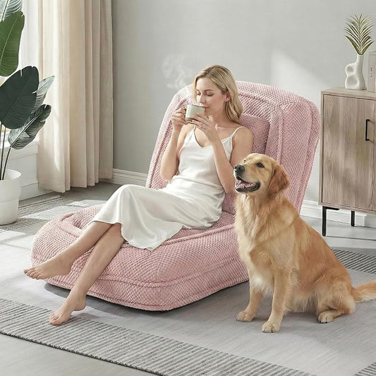 Human Dog Bed for Adults & Pets, 5-Position Adjustable Floor Chair, Convertible Lazy Sofa Bed with Metal Frame & 2 Pillows, Plush Gaming Lounge for Living Room Bedroom Office (Pink)