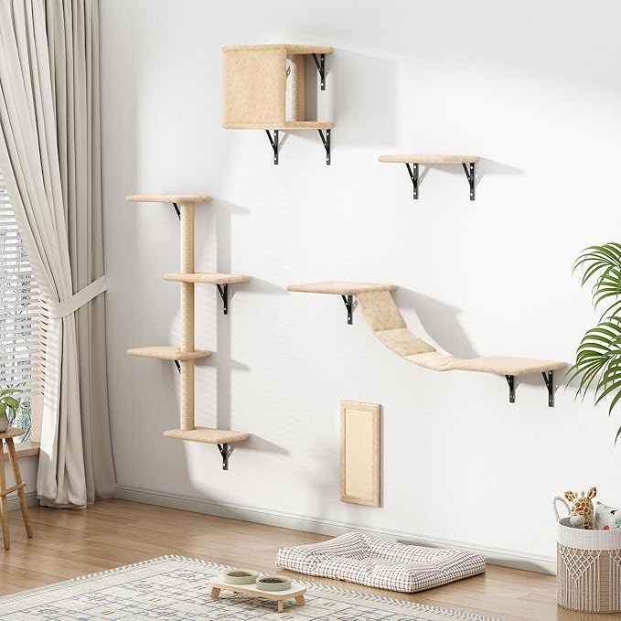 COZIWOW Wall Mounted Cat Furniture, Cat Wall Shelves and Perches, Floating Cat Shelves for Wall Set of 5(Beige)