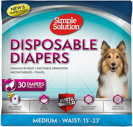 Simple Solution Disposable Dog Diapers, Female Dog Diapers, Puppy Potty Training, Incontinence and Heat Cycle Protection, Medium Diapers for Dogs, 15-23 Inch Waist, 30 Count