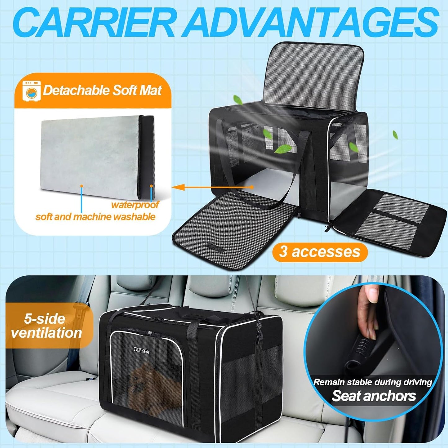 Petskd Extra Large Pet Carrier 24"x17"x17" for Large Cat or Medium Dog, Collapsible Soft Sided Dog cat Carrier for Long Trips with Lockable Safety Zippers(Black)