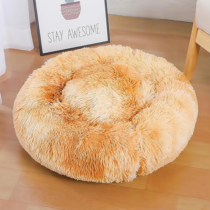Calming Dog Bed for Small Dogs, Calming Donut Cuddler Pet Bed Anti Anxiety Round Dog Bed Fluffy Plush Faux Fur Cat Bed,Gradient Yellow,23.6IN