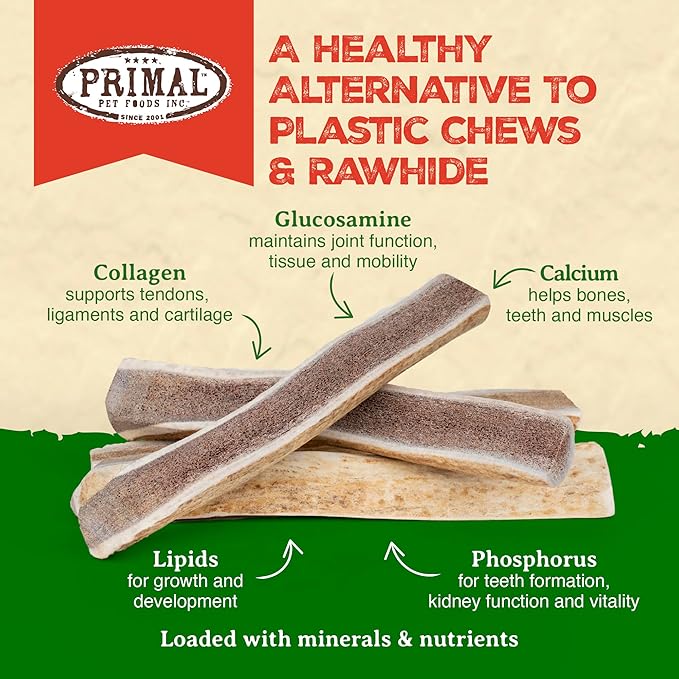 Primal Antlers for Dogs, Grade A Split Elk Antlers for Large Canines 30-45 lb, Natural Chews for Aggressive Chewers, Naturally Shed, Long Lasting Dog Bones, 1 ct