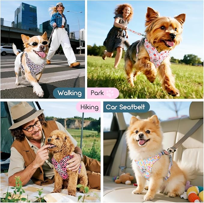 Pawaboo Small Dog Harness and Leash Set, Puppy Harness X-Frame No Pull No Choke, Dog Vest Harnesses Adjustable for Small Medium Sized Dogs,Soft Breathable Pet Harnesses for Walking, S, Pink Leopard