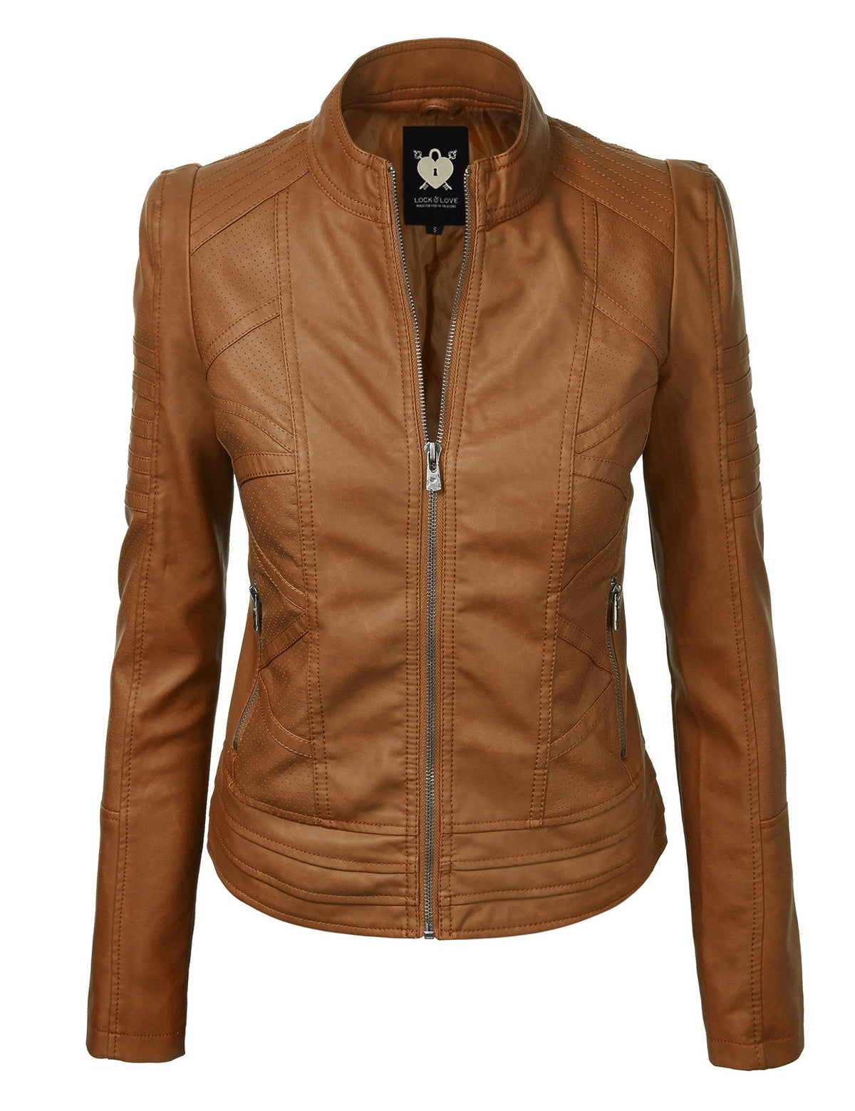 LL WJC746 Womens Vegan Leather Motorcycle Jacket M CAMEL