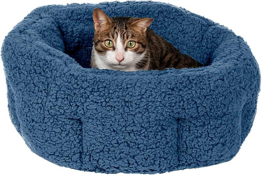 Furhaven 20" Round Self-Warming Pet Bed for Indoor Cats & Small Dogs, 100% Washable, For Pets Up to 20 lbs - Hi Lo Snuggle Terry Cuddler - Lake Blue, Small