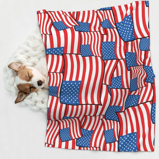 Reversible Plush Throw for Dogs and Cats, Novelty American Flag, Double Sided Blanket with Nubby Dot Side and Sleek Side Ideal for Cuddling Nesting Security