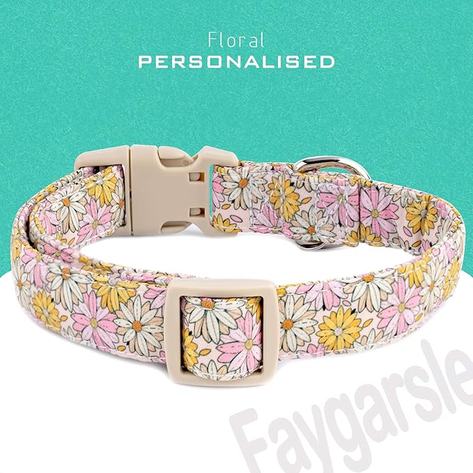 Faygarsle Floral Girl Dog Collar, Cotton Fabric with Daisies Pattern, Pink and Yellow Summer Spring Design for Small Medium Large Dogs S