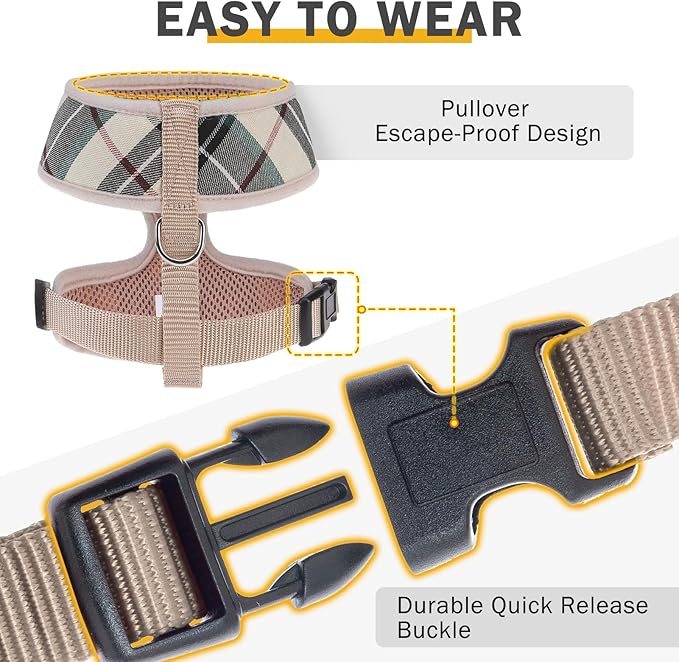 SCENEREAL No Pull Small Dog Harness Collar and Leash Set, Soft Mesh Plaid Puppy Harnesses for Fall Winter, No Chock Pet Vest for Outdoor Walking Training and Running, Beige S