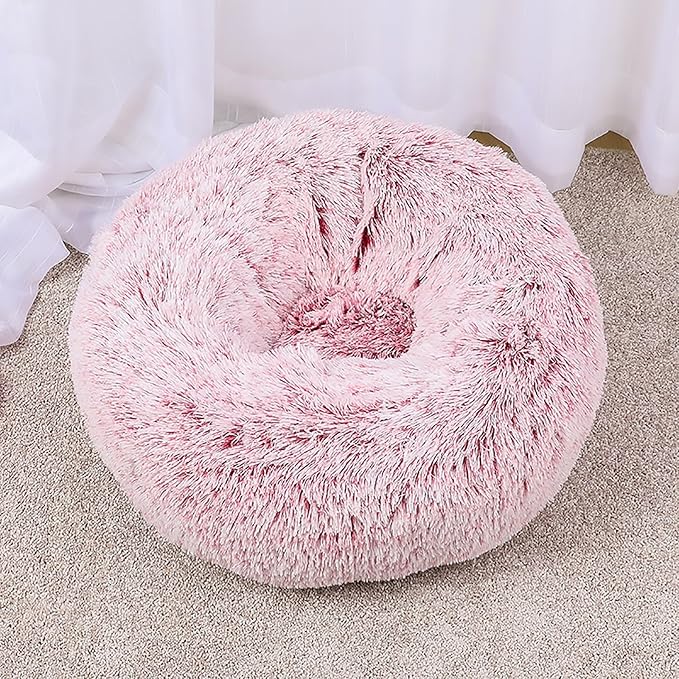Calming Dog Bed for Small Dogs, Calming Donut Cuddler Pet Bed Anti Anxiety Round Dog Bed Fluffy Plush Faux Fur Cat Bed,Pink,15.7IN