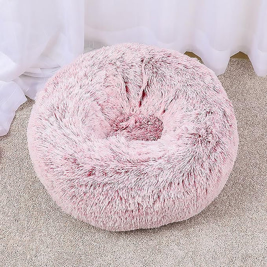 Calming Dog Bed for Small Dogs, Calming Donut Cuddler Pet Bed Anti Anxiety Round Dog Bed Fluffy Plush Faux Fur Cat Bed,Pink,23.6IN