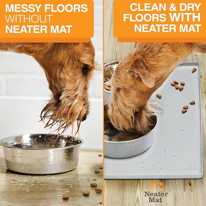 Neater Pet Brands Neater Mat Pet Mats for Food and Water, Cat & Dog Bowl Mat Waterproof Silicone, Feeding Tray, Dog Food Mats for Floors, Placemat w/Raised Edge for Under Bowls, 24" x 16", Light Gray