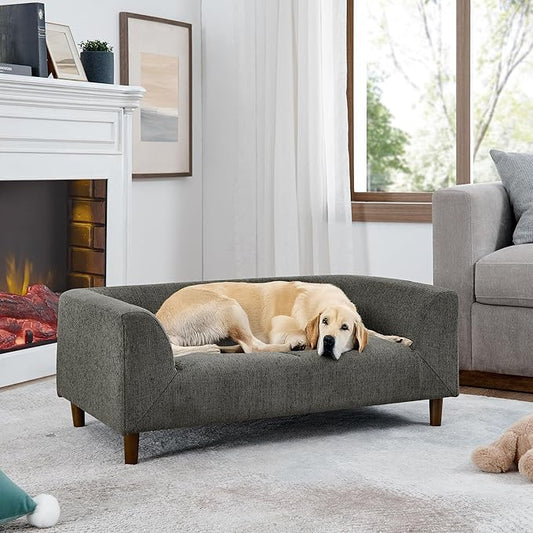 Elevated Dog Couch Bed for Medium Large Dogs, Modern Pet Sofa with Backrest & Armrest, Durable Dog Bed Sofa with Soft Cushion, Solid Wood Legs (Dark Grey)