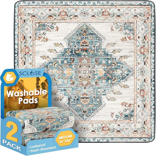 Washable Pee Pad for Dogs 2 Pack, 36" x 36" Reusable Puppy Pads Waterproof Dog Rugs, Super Absorbent, Leakproof, Dog Crate Pad, Playpen Mat, Whelping Pads, Blue Medallion