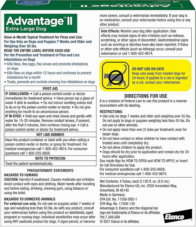 Advantage II XL Dog Vet-Recommended Flea Treatment & Prevention | Dogs Over 55 lbs. | 4-Month Supply