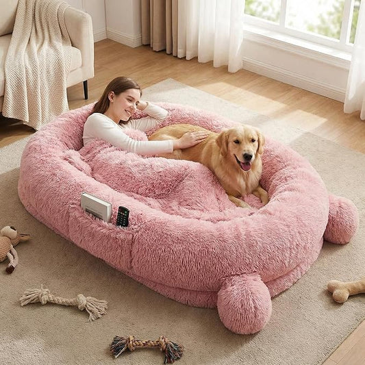 GarveeHome Human Sized Dog Bed, 71" x 45" x 12" Large Dog Bed with 2 Storage Pockets, Fluffy Faux Fur Orthopedic Pet Bean Bed for Adults & Giant Pets - Pink