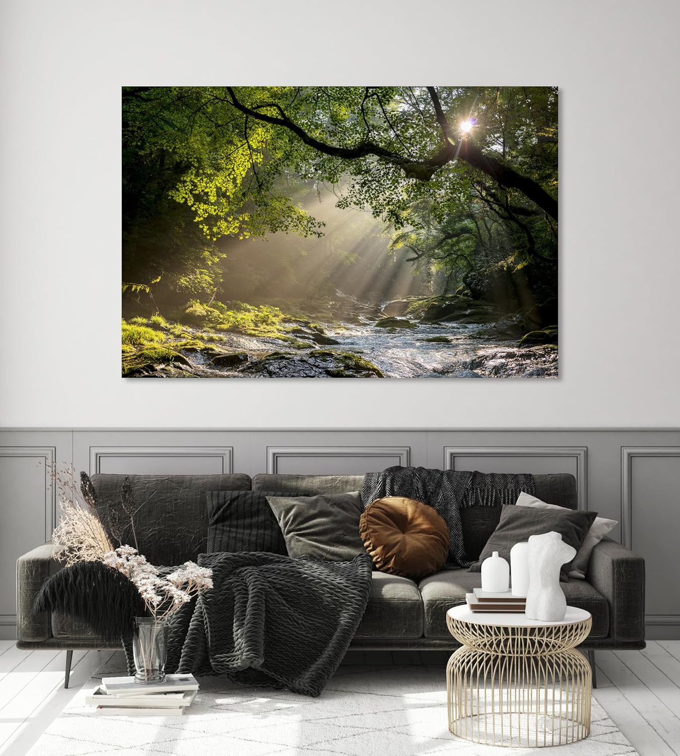 Nature Wall Art Prints - Ocean Forest Mountain Lake Canvas Landscapes - Small to Extra Large Living Room Bedroom Kitchen Bathroom Décor (Rocky River in the Woods, 28L" x 41W")