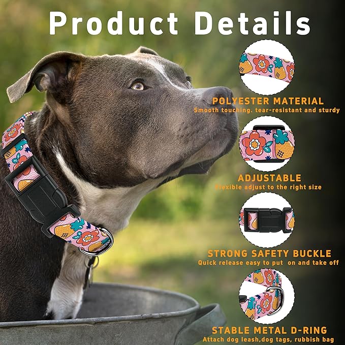 Dog Collar, Cute Cartoon Fruit Boys Girls Puppy Collar for Small Medium Large Dogs, Adjustable Soft Pet Collar with Safety Buckle for Male Females(Pink Cartoon, L)