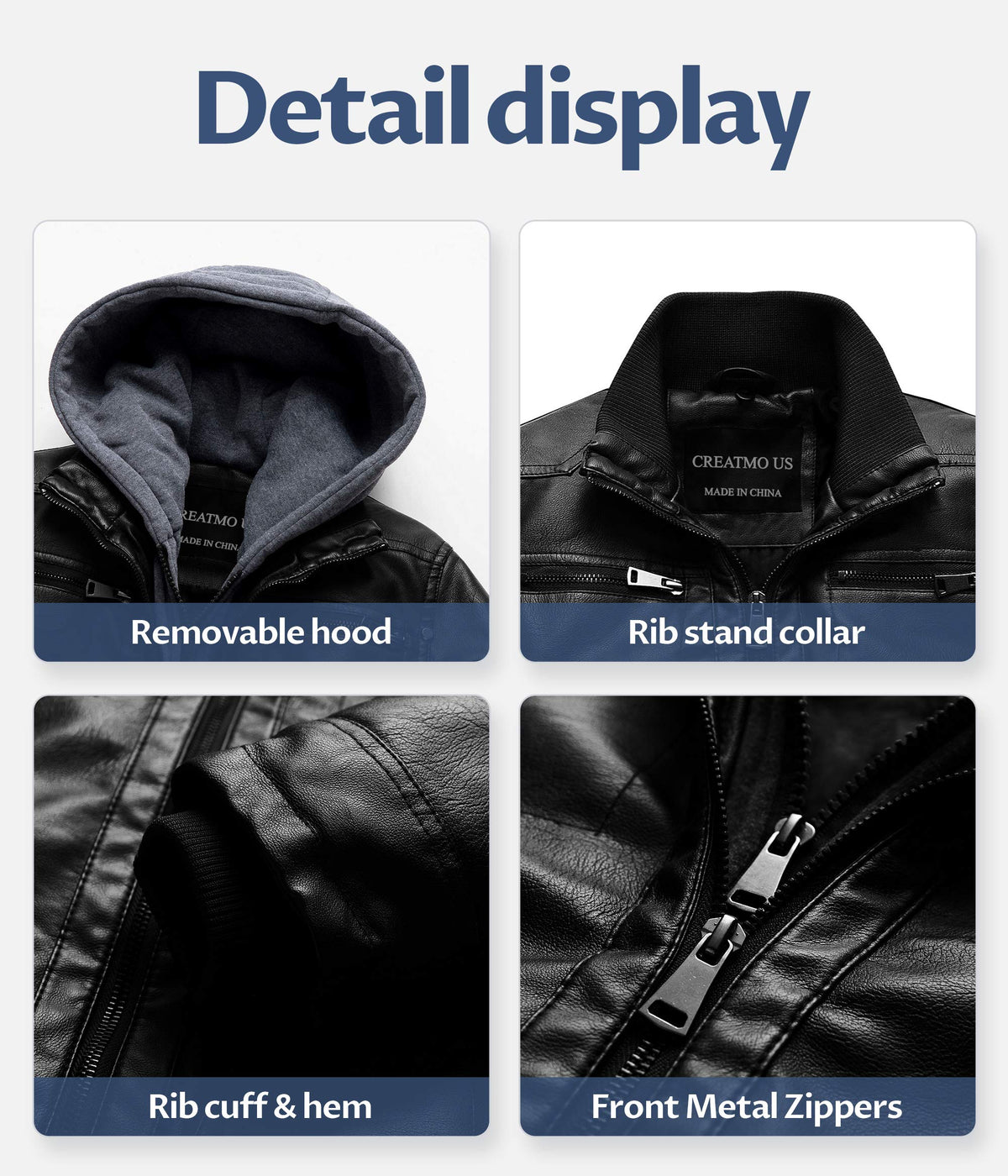 CREATMO US Men Leather Jacket with Hood Spring Motorcycle Jacket bomber jacket Black S