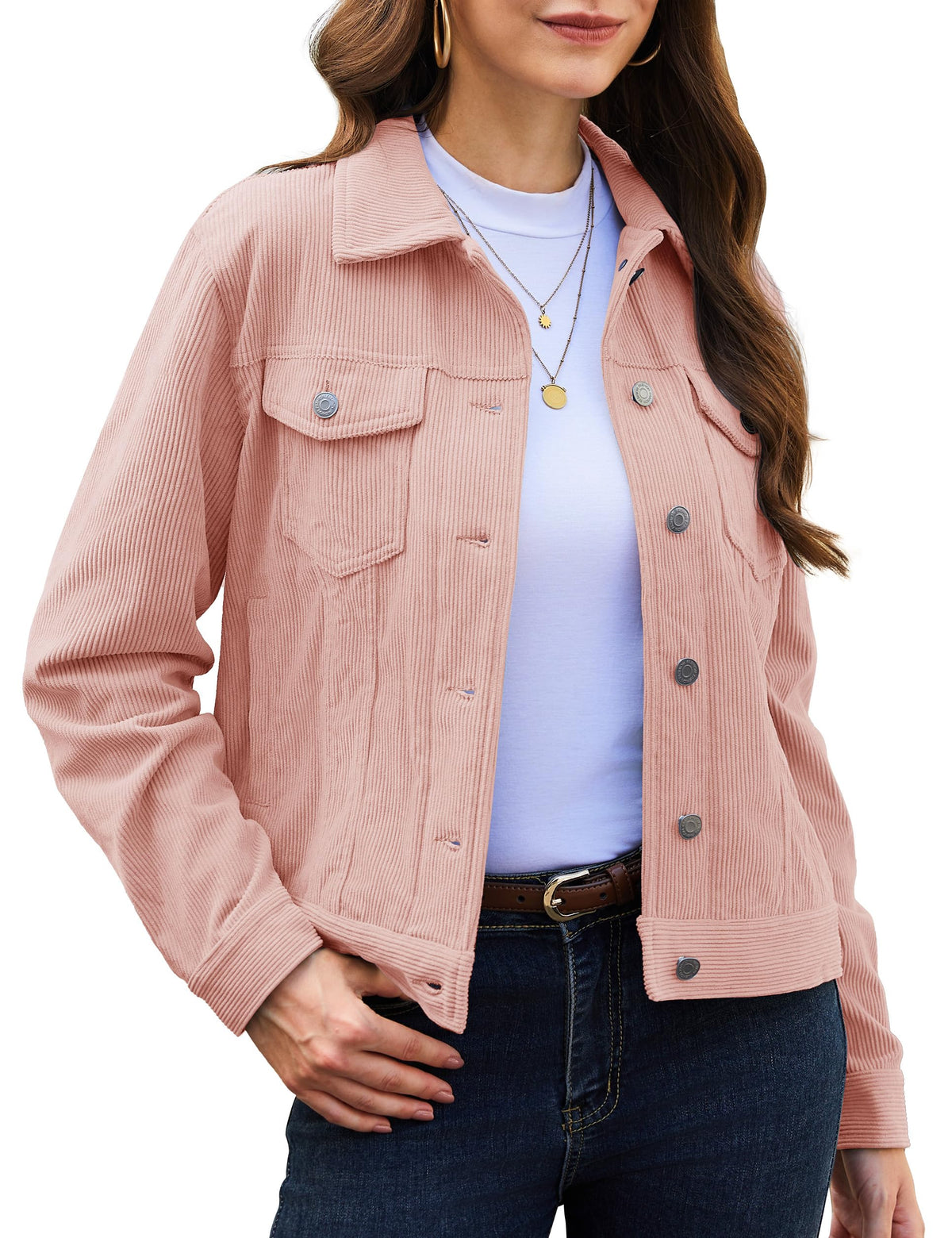 YUCOLEN Womens Corduroy Jacket Button Down Collared Coat Light Pink M