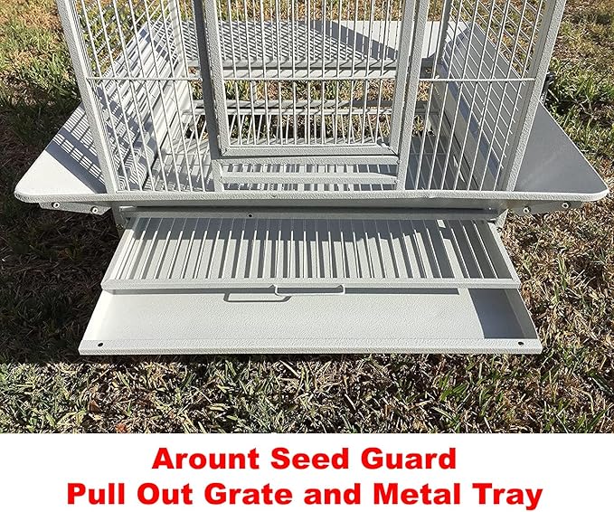Extra Large Elegant Wrought Iron Play Top Bird Parrot Cage for African Grey Quaker Amazon Parrot Cockatiel Sun Green Cheek Conure Cockatoo Rolling Stand (28" L x 22" W x 65" H, White Vein)
